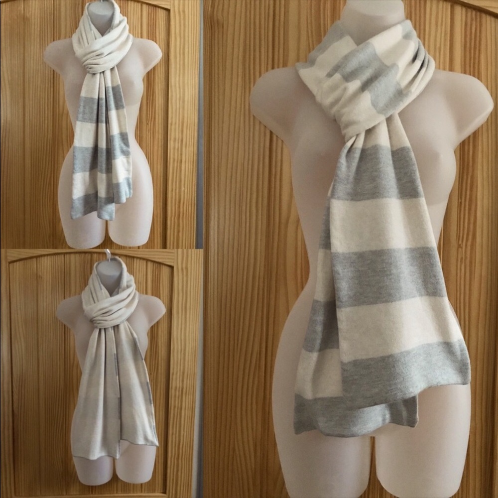Kaisely light gray & oatmeal striped long pretty scarf.